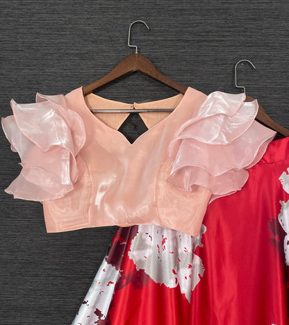 Red satin printed crop top lehenga