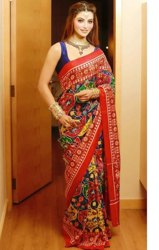 Red satin silk digital printed party wear saree