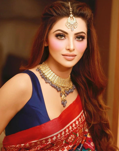 Red satin silk digital printed party wear saree