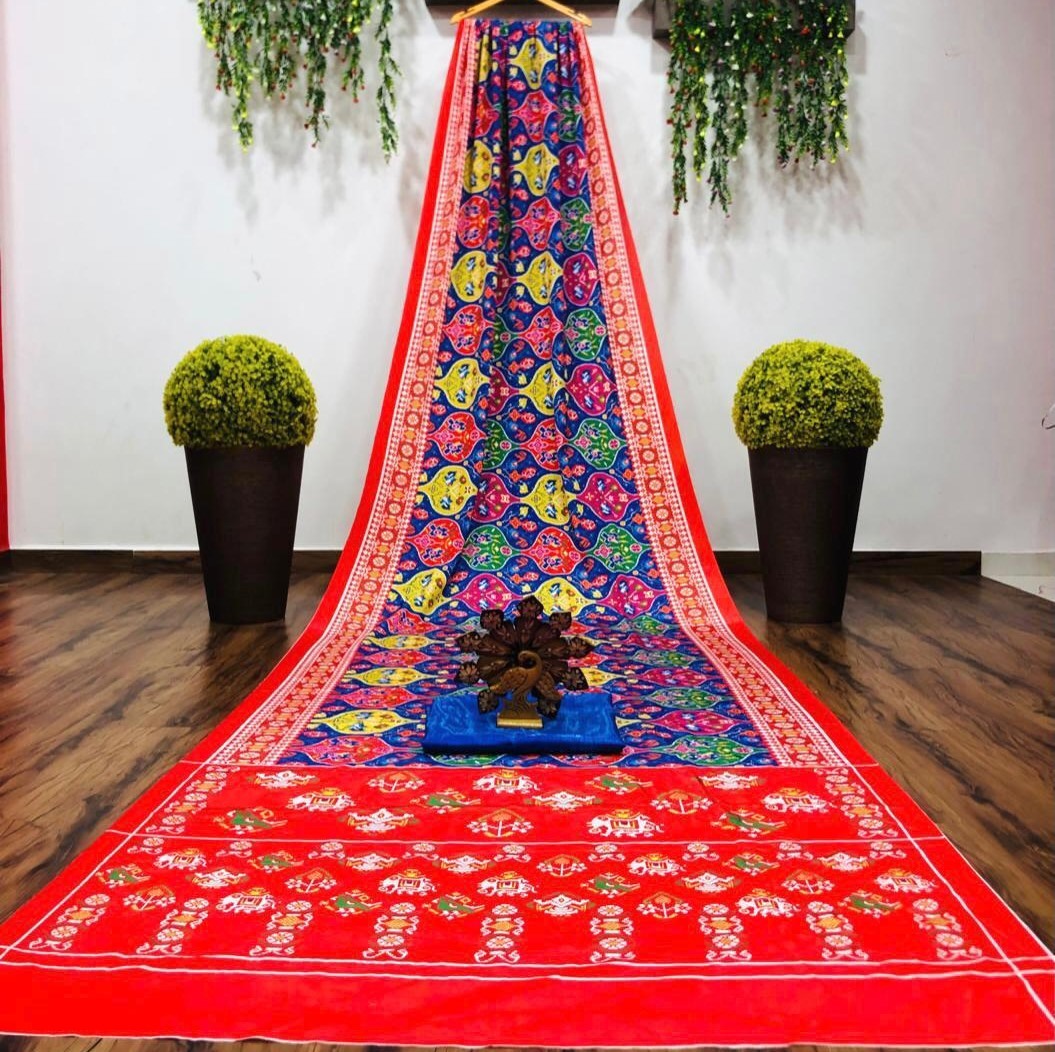 Red satin silk digital printed party wear saree