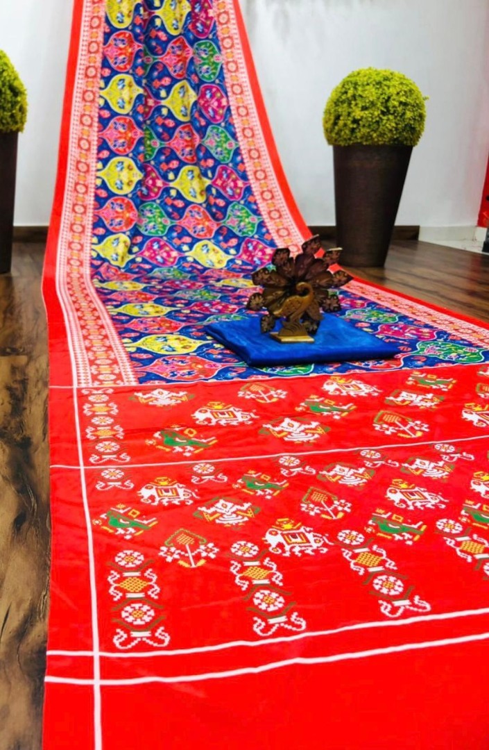 Red satin silk digital printed party wear saree