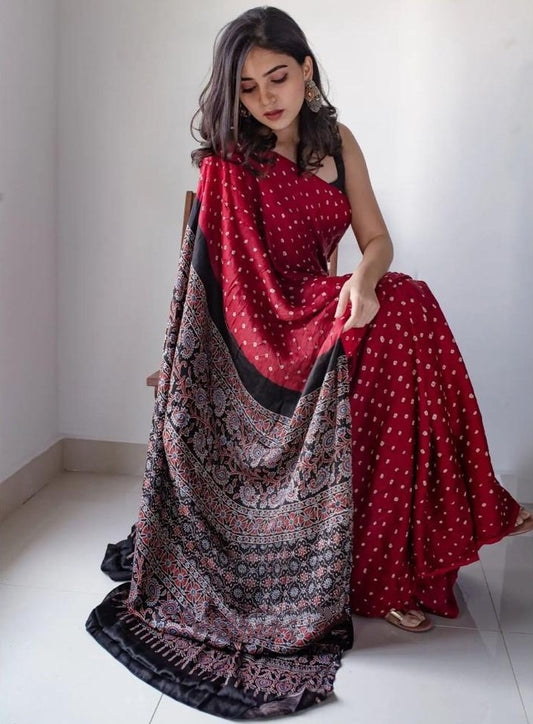 Red satin silk digital printed saree