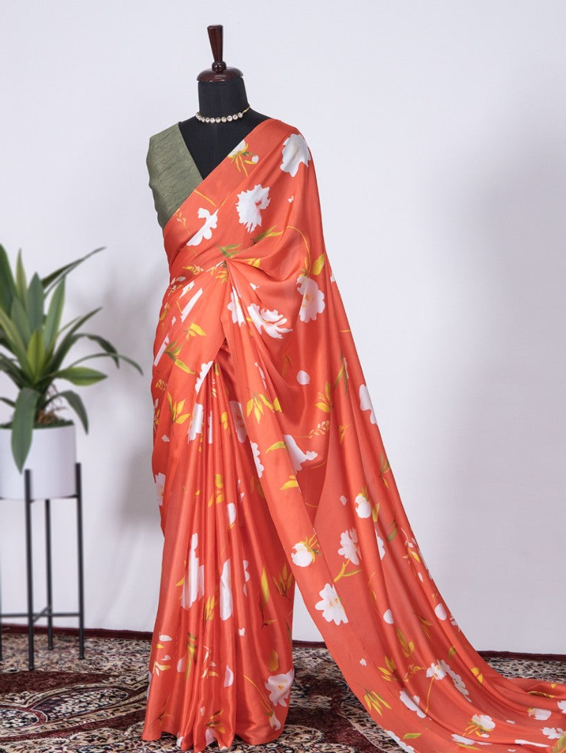 Red satin silk flower printed saree