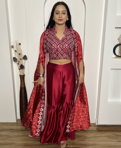 Red satin silk indowestern sharara suit with shrug