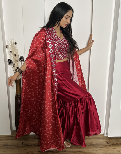 Red satin silk indowestern sharara suit with shrug