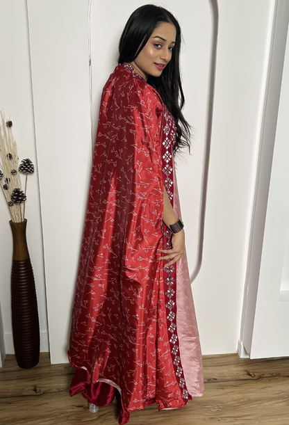 Red satin silk indowestern sharara suit with shrug
