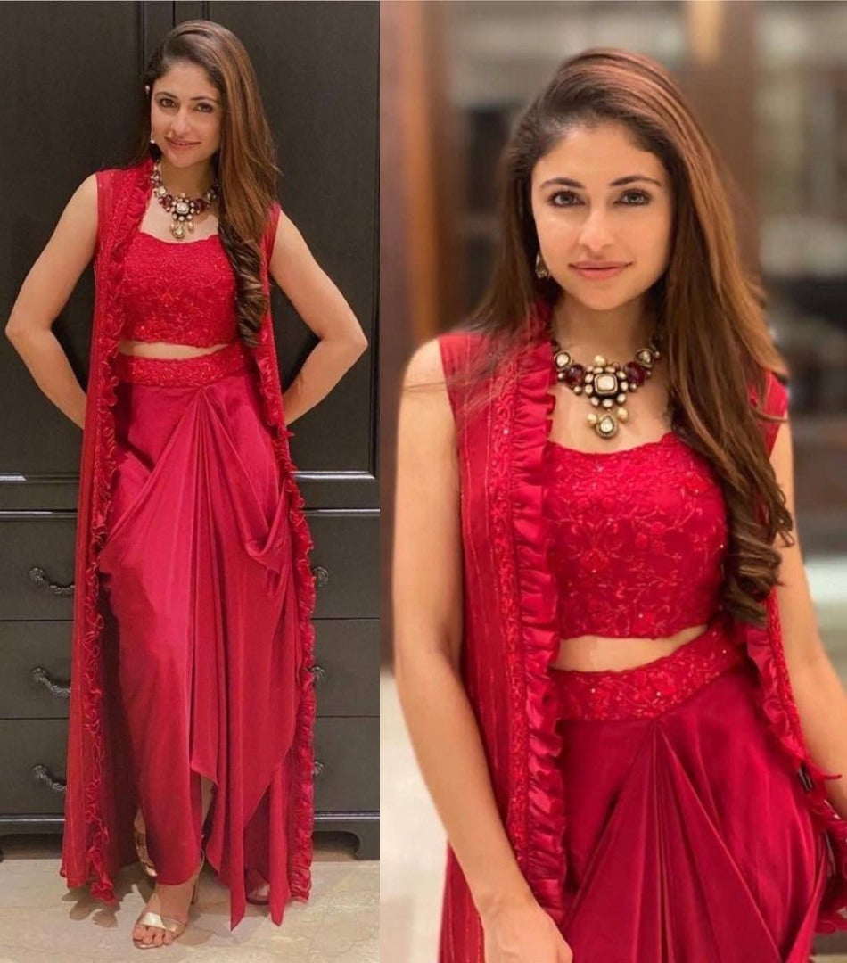 Red satin silk sequence and thread work indowestern dhoti suit