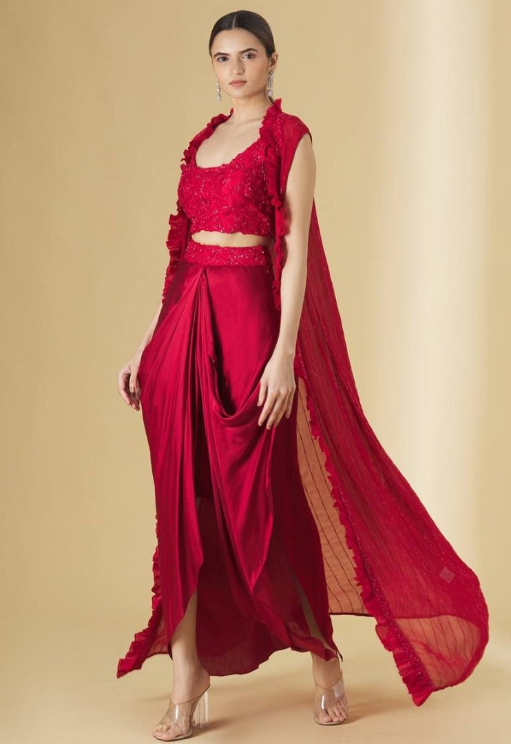 Red satin silk sequence and thread work indowestern dhoti suit