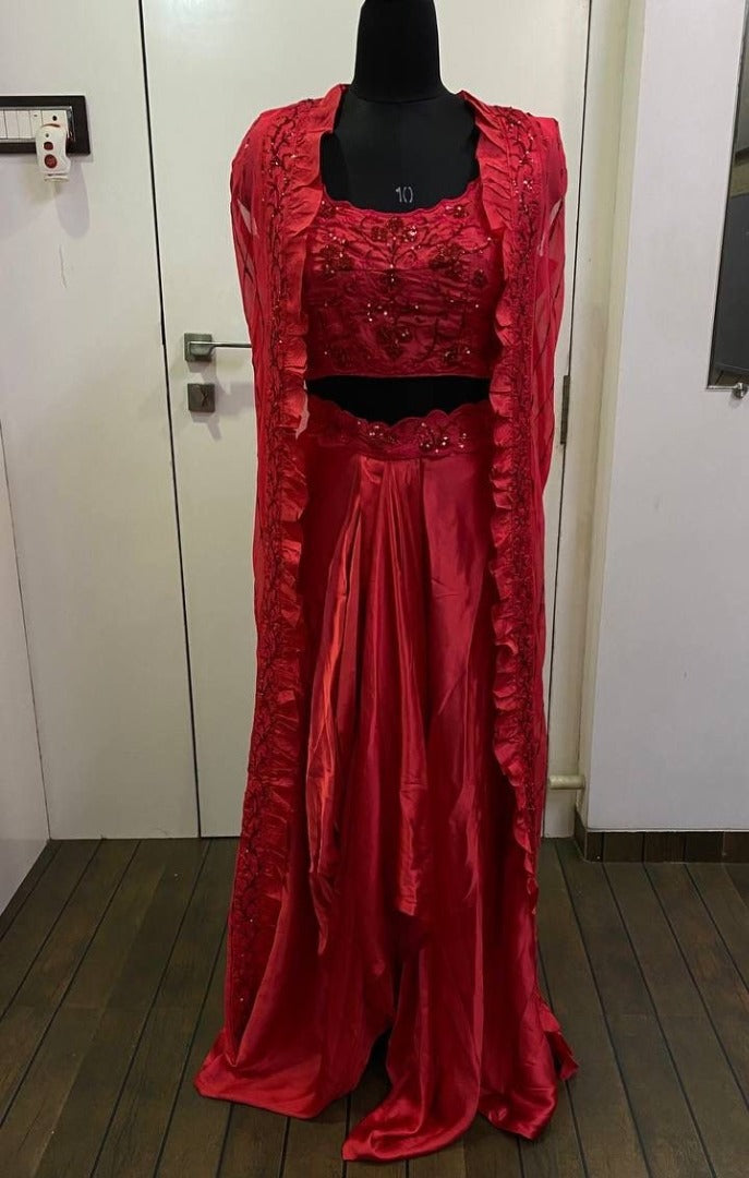 Red satin silk sequence and thread work indowestern dhoti suit