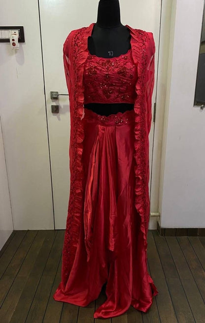 Red satin silk sequence and thread work indowestern dhoti suit