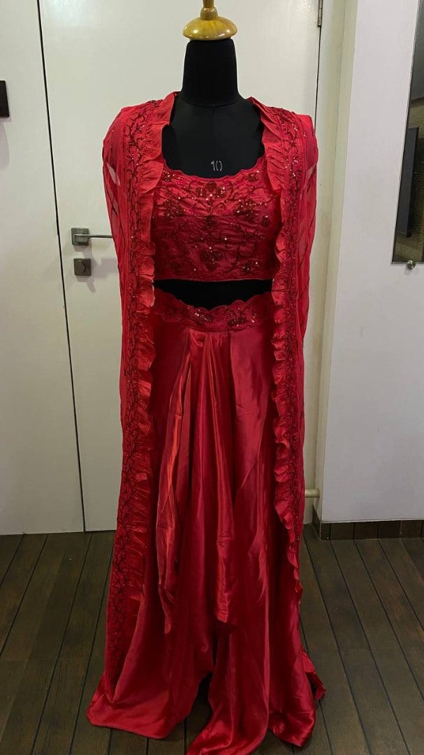 Red satin silk sequence and thread work indowestern dhoti suit