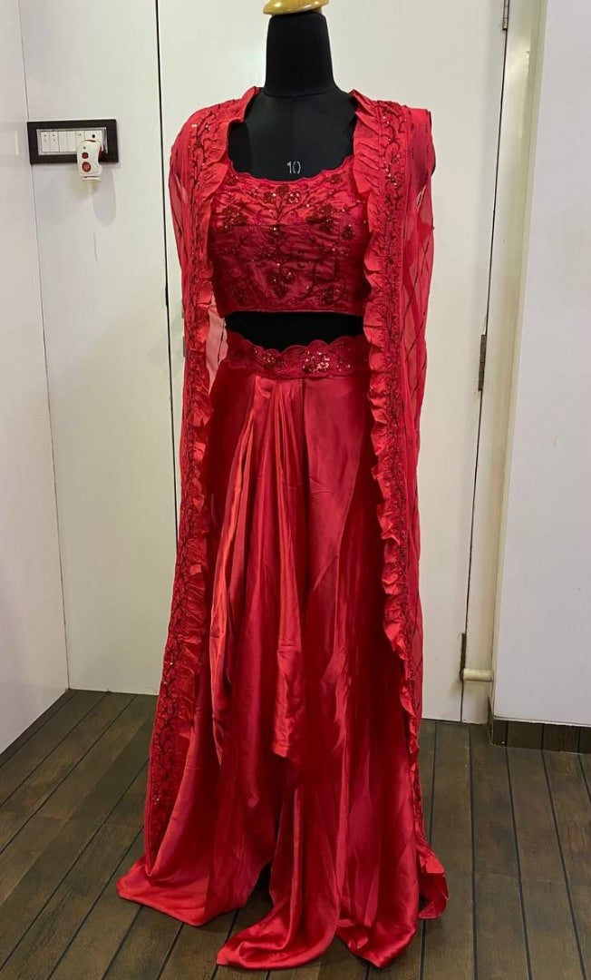 Red satin silk sequence and thread work indowestern dhoti suit