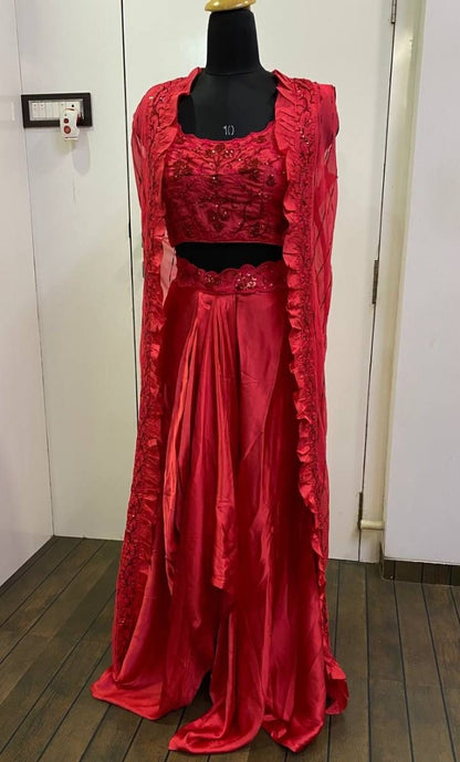 Red satin silk sequence and thread work indowestern dhoti suit