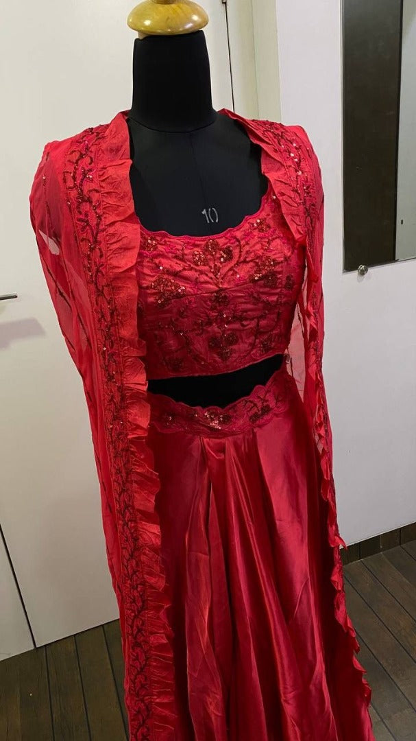 Red satin silk sequence and thread work indowestern dhoti suit