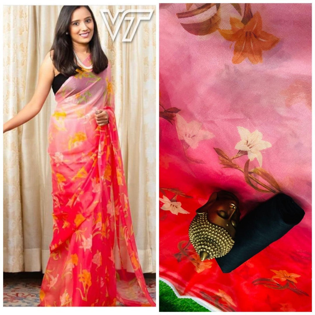 red shaded orgenza digital floral printed saree