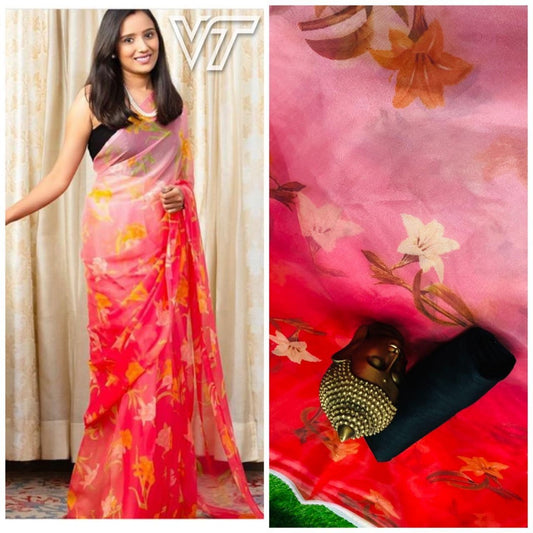 red shaded orgenza digital floral printed saree