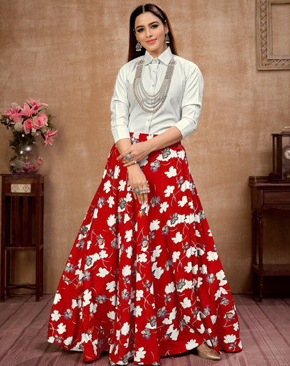 Red silk flower printed occasional wear crop top lehenga