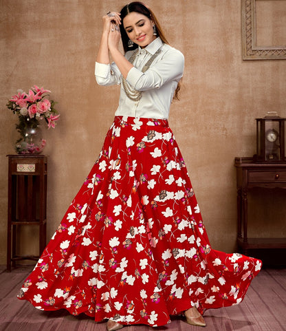Red silk flower printed occasional wear crop top lehenga