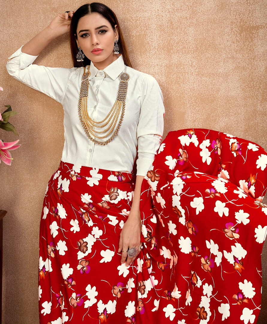 Red silk flower printed occasional wear crop top lehenga