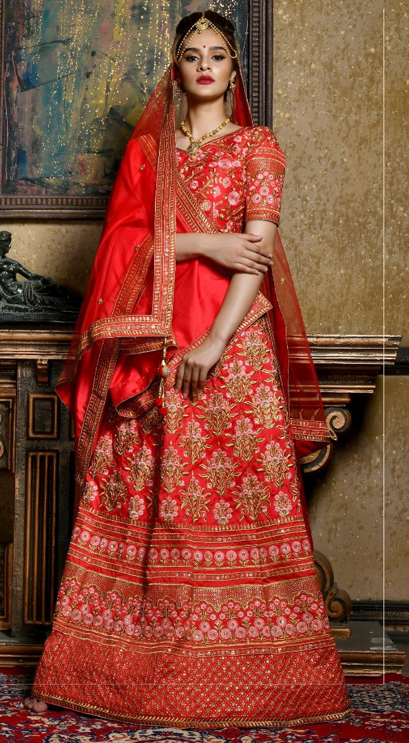 Red silk heavy designer embroidered bridal lehenga choli