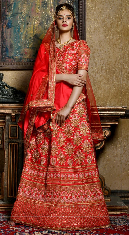 Red silk heavy designer embroidered bridal lehenga choli