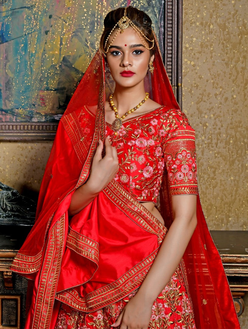 Red silk heavy designer embroidered bridal lehenga choli