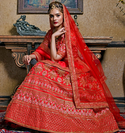 Red silk heavy designer embroidered bridal lehenga choli
