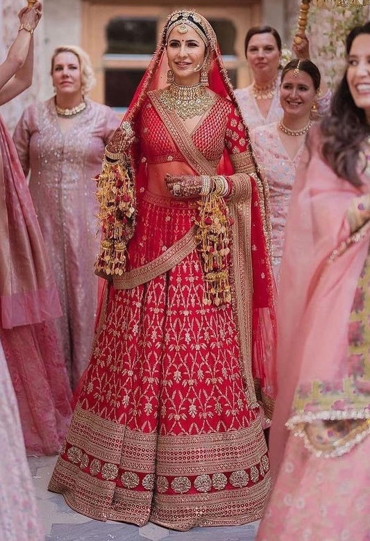 Red silk heavy embroidered bollywood bridal lehenga choli