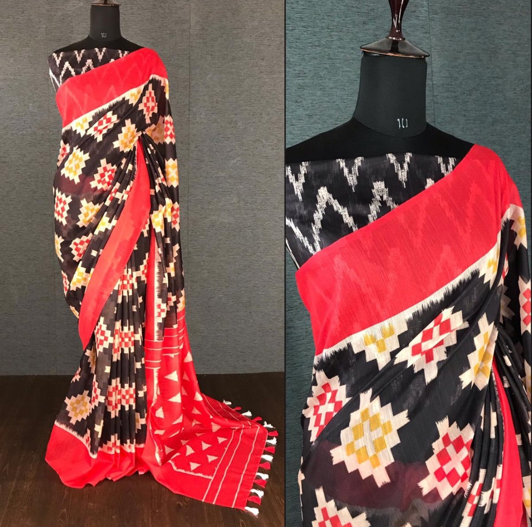 Red slub linen cotton digital printed work saree