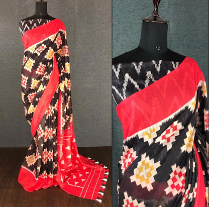 Red slub linen cotton digital printed work saree