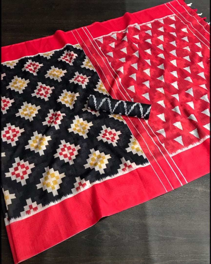 Red slub linen cotton digital printed work saree