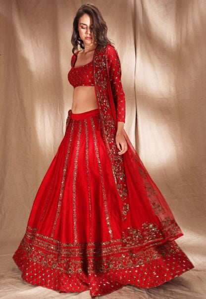 Red slub silk heavy embroidered wedding lehenga choli