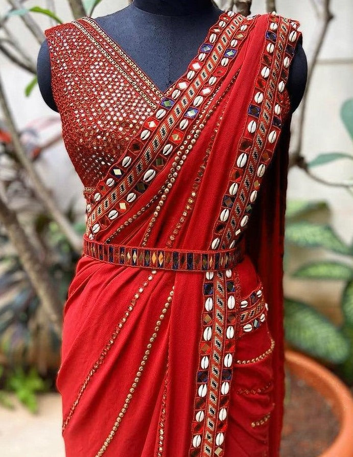 Red soft georgette embroidered mirror kodi work traditional saree