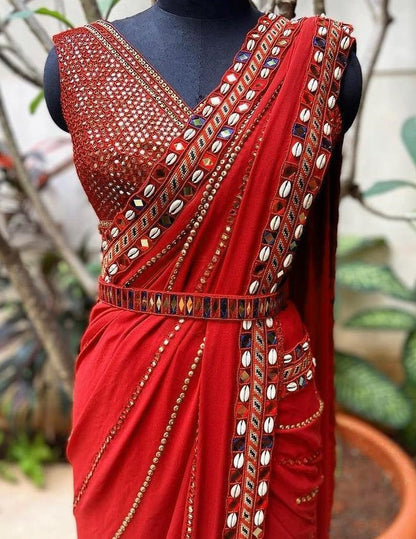 Red soft georgette embroidered mirror kodi work traditional saree