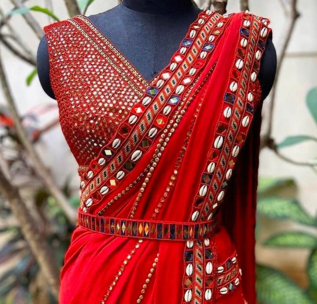 Red soft georgette embroidered mirror kodi work traditional saree