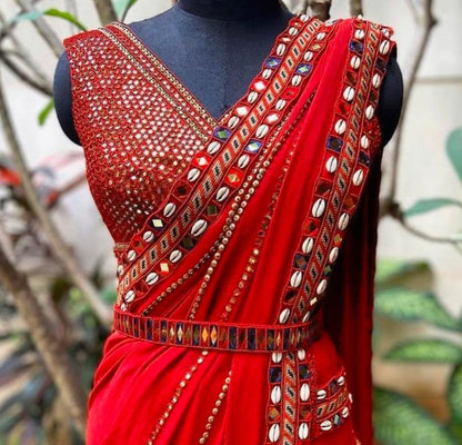 Red soft georgette embroidered mirror kodi work traditional saree