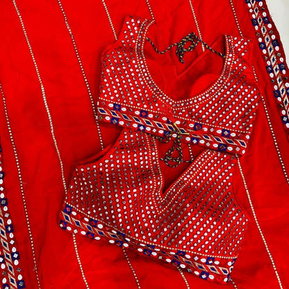 Red soft georgette embroidered mirror kodi work traditional saree