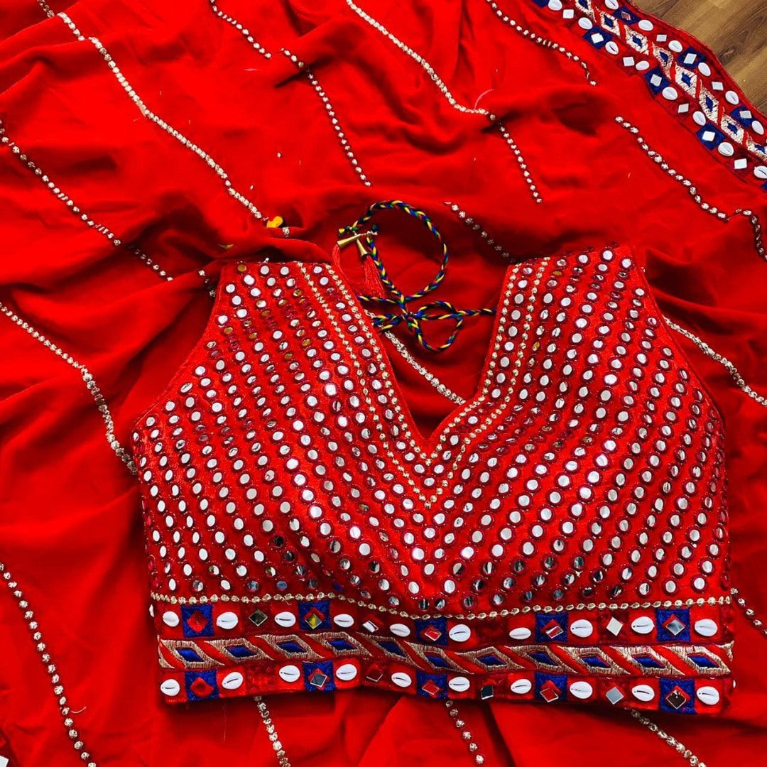 Red soft georgette embroidered mirror kodi work traditional saree