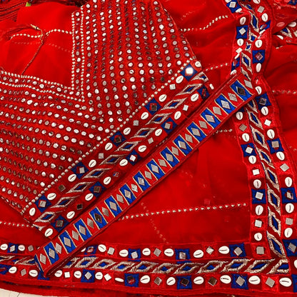 Red soft georgette embroidered mirror kodi work traditional saree