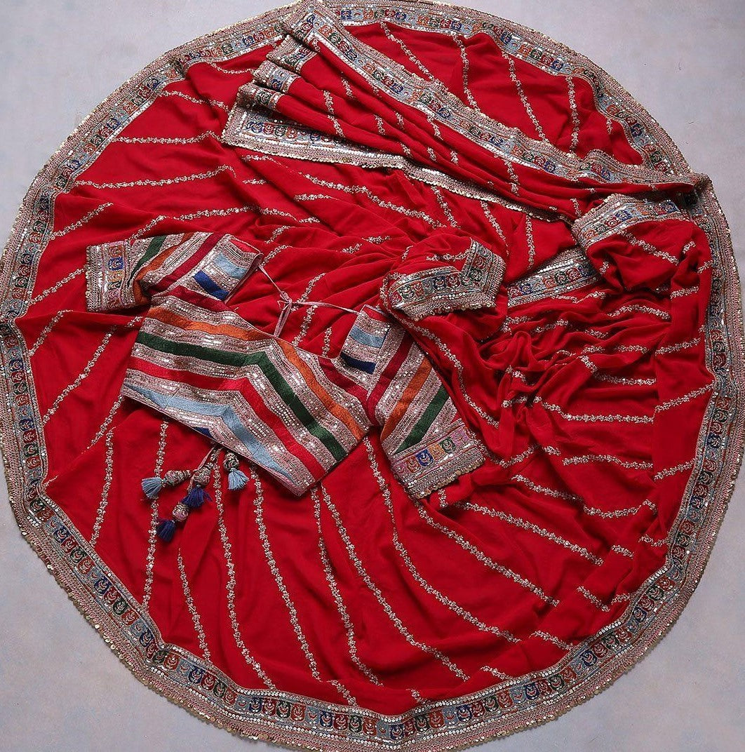 Red soft georgette sequence embroidered work ceremonial saree