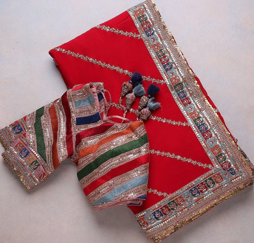 Red soft georgette sequence embroidered work ceremonial saree