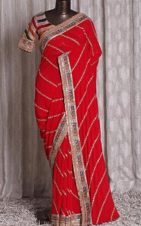 Red soft georgette sequence embroidered work ceremonial saree