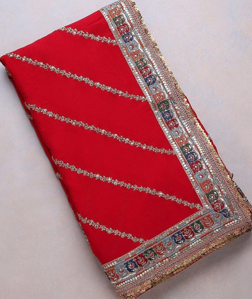 Red soft georgette sequence embroidered work ceremonial saree