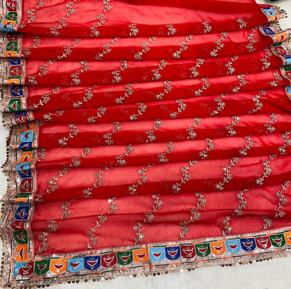 Red soft georgette sequence embroidered work ceremonial saree