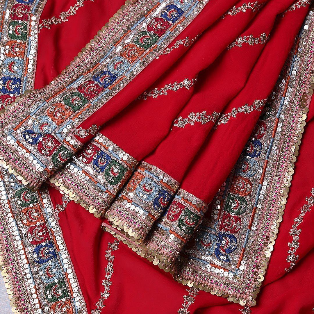 Red soft georgette sequence embroidered work ceremonial saree