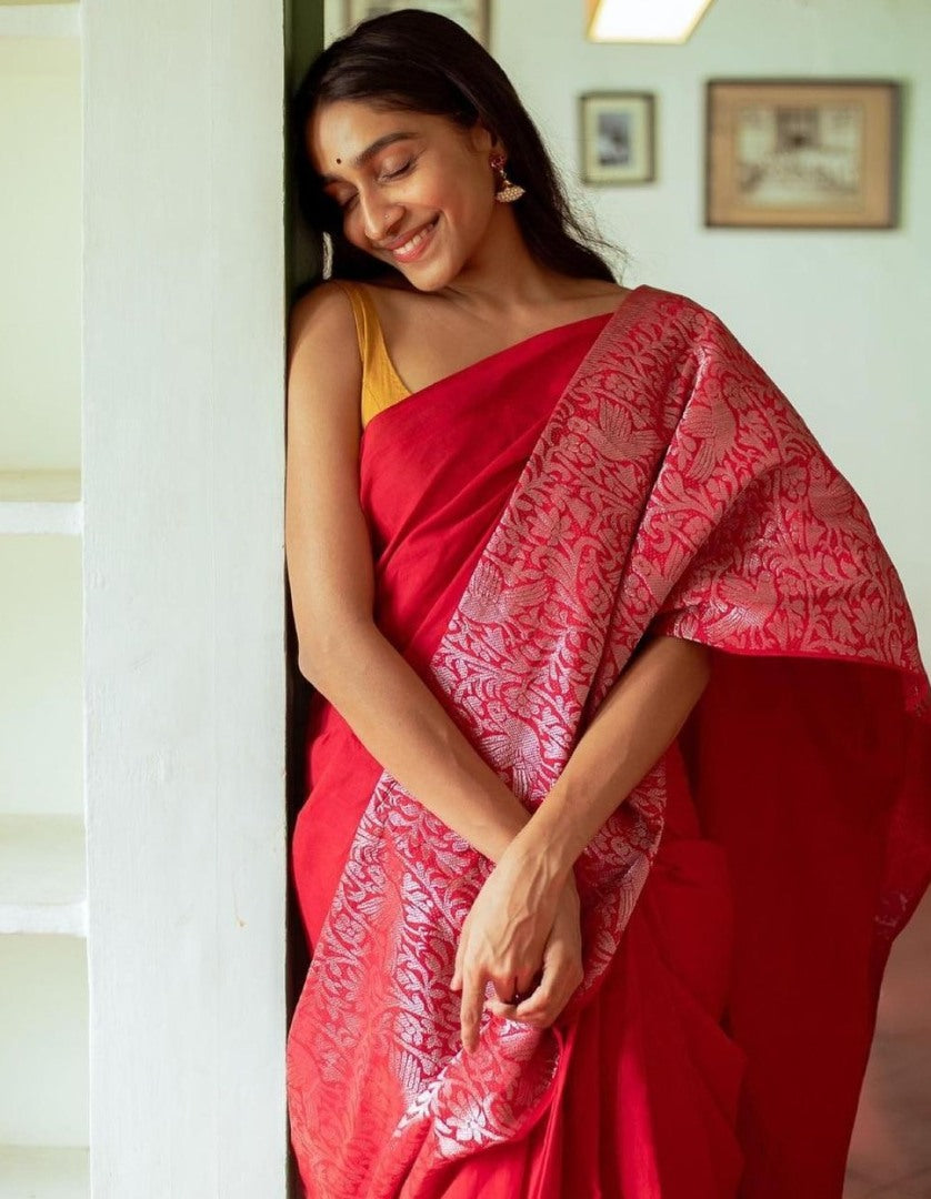 Red soft lichi silk jacquard weaving border work saree