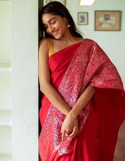 Red soft lichi silk jacquard weaving border work saree