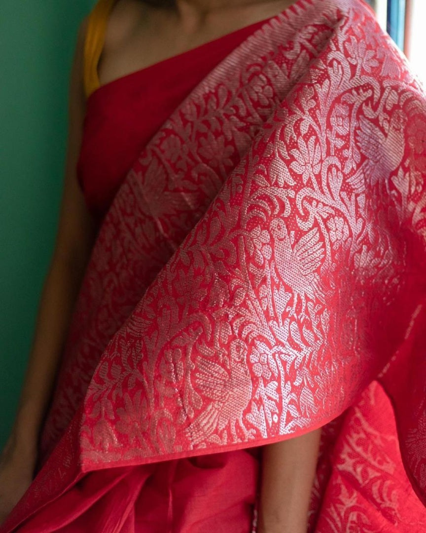 Red soft lichi silk jacquard weaving border work saree