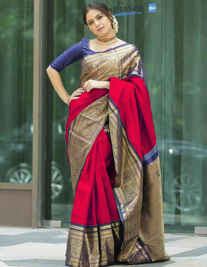 Red soft lichi silk jacquard weaving work party wear saree