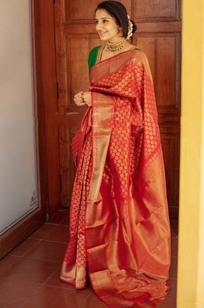 Red soft lichi silk jacquard weaving work party wear saree